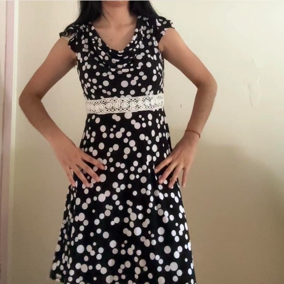 Karin Stevens Black & White Polka Dot Dress – Size 6, Lace Waist Detail - Picture 1 of 10